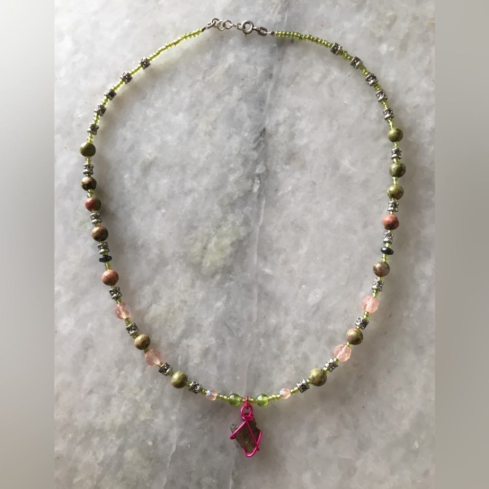 Natural Moldavite Necklace with Unakite Stones, Czech Crystals & Wire Wrapped π - Picture 6 of 15